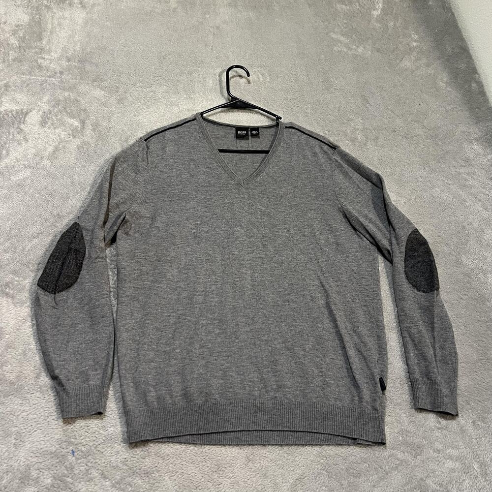 Hugo Boss Lukas Sweater Mens XL Gray Wool V Neck Elbow Patch Slim Fit Pullover